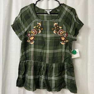 NWT Arizona Olive Green Plaid Babydoll Embroidered Blouse Sz M